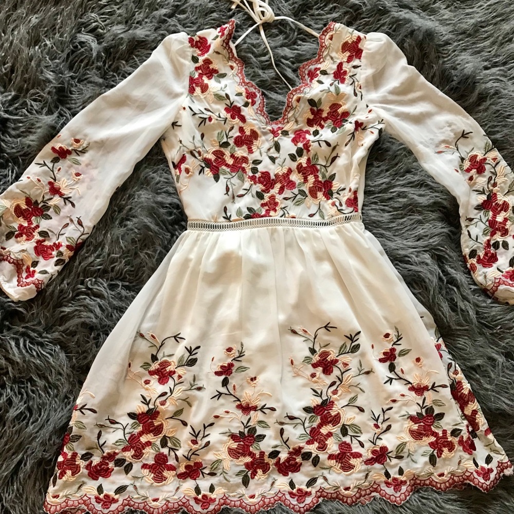 Ivory, maroon, beige, and green party dress